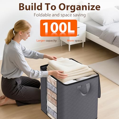 SpaceWhisper 3 Pack 100L Clothes Storage, Foldable Thick Fabric Blanket Storage Bags, Containers for Organizing Bedroom, Closet, Clothing, Comforter,Closet Organization with Handle,Grey - Image 6