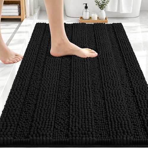 Image of OLANLY Thick Bathroom Rugs 30x20, Extra Soft Absorbent Chenille Striped Bath Rugs, Rubber Backing, Machine Wash Dry, Bath Mats for Bathroom Floor, Tub and Shower, Home Decor Accessories, Black
