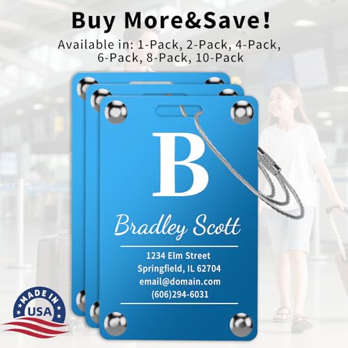 Personalized Luggage Tags for Suitcases, Engraved Stainless Steel Custom Luggage Tags for Cruise Travel, Suitcase Identifier Metal Name Baggage Tag (Sleek Bar Blue)2
