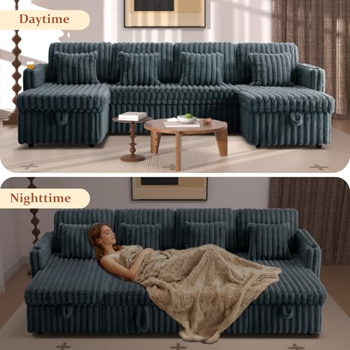 Image of 107'' Sectional Sleeper Sofa with Pull Out Bed, Storage Chaise, Adjustable Backrest, USB Charger, Cup Holder & Side Pocket, Fluffy Soft Corduroy U Shaped Couch for Living Room, Dark Grey