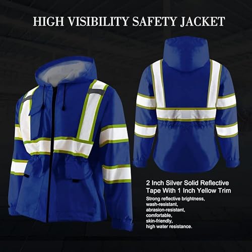 Zuja High Visibility Bomber Safety Jacket Ansi Class 3 Reflective Jacket Pocket And Zipper Reflective Hoodie Windproof Hi Vis Rain Jacket For Men & Women (Blue, S) #TOP4