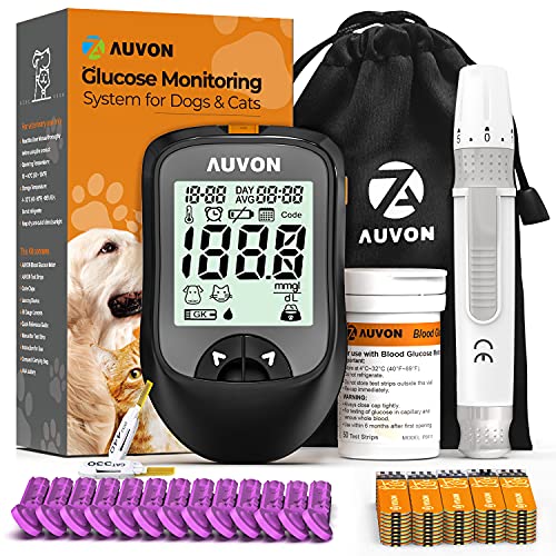 AUVON Glucose Monitor Blood Sugar Test Kit Diabetic Supplies for Dogs Cats, High-Tech Veterinary Blood Glucose Monitoring Meter Kit, 50 Test Strips & Lancets, 1 Lancing Device & Pouch (Model: PB111)
