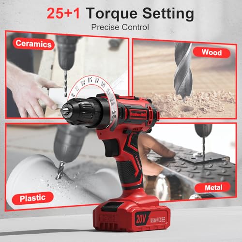 Cordless Drill Set, VIWKO 20V Power Drill with Power Pack 2.0Ah and Charger, 3/8-Inch Keyless Chuck Electricdrill, 25+1 Torque, 42pcs Drilldriver Bits/Screws for DIY Projects (Red)