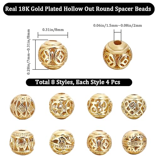 Beebeecraft 32Pcs 8 Style Filigree Beads Gold 8mm 18K Gold Plated Round Ball Loose Hollow Spacer Beads Metal Craft Accessories Bulk for Jewellery Making DIY Necklace Bracelet Hole: 2mm - Image 2