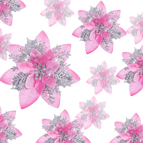 24 fleurs de poinsettia de noël artificielles à paillettes poinsettias scintillants de mariage décoration de fleurs de sapin de noël avec clips