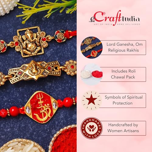 Image of eCraftIndia Set of 3 Peacock Designer Rakhis for Brother Bhabhi Kids Bhaiya | Raksha Bandhan Rakhi Combo Hamper