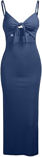 Women's Tie Knot Cut Out Side Split Hem Sleeveless Knit Bodycon Maxi Dress(02 Dark Blue,Large)