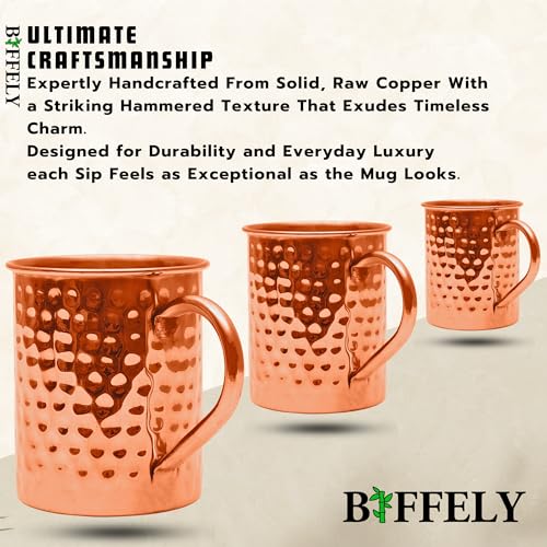 Image of Copper Mules PURE Copper Mug RAW Cups Interior Ideal for Ayurvedic Health Benefits and Moscow Mules - Hand Hammered Finish - Authentic and Strong Riveited Handle - Holds 16oz