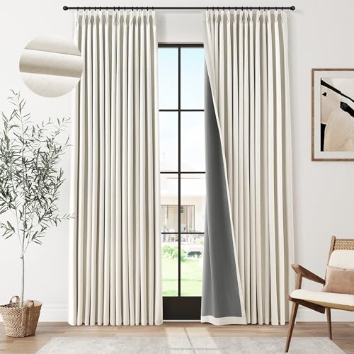 100% Blackout Linen Pinch Pleated Curtains for Bedroom Celing to Floor 96 Inches Long 8ft Natural...