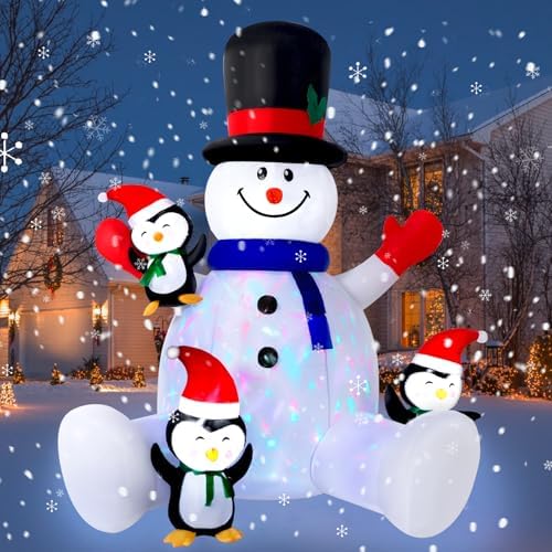 7FT Snowman Inflatable Christmas Decorations Inflatable Snowman with Penguins, Gift Box, LED Lights, Blow Up Xmas Holiday Pary Décor for Outdoor Indoor House Home Door Yard Lawn Garden Decoration