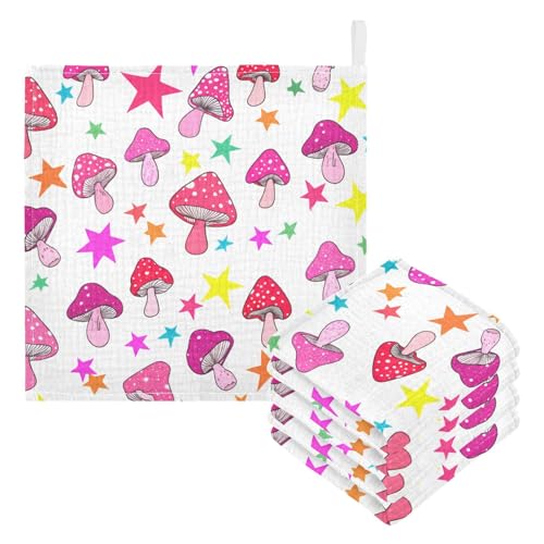 Nander 5Pack Baby Muslin Washcloths,Cute Cartoon Mushroom Soft Face Cloths for Newborn, Absorbent Bath Wash Cloths, Wipes, Burp Rag,Toddlers Essentials Stuff, Baby Registry as Shower