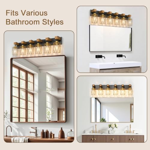 Image of IZORRO Farmhouse Bathroom Vanity Light, 6-Light Wood Bathroom Light Fixtures Over Mirror, Black and Gold Industrial Vanity Lights with Metal Shade, Rustic Restroom Lighting Fixtures