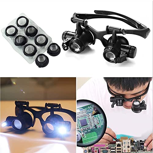 Lupa de montagem de cabeça LED - viva-voz, lupa 4 lentes (10X 15X 20X 25X), lupa com luz para trabal