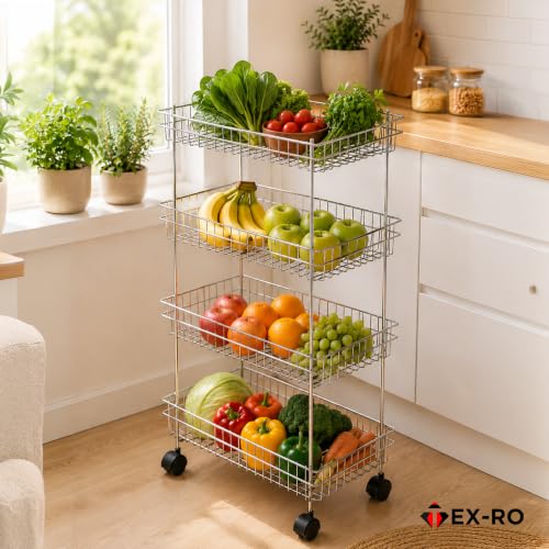 Image of TEX-RO Stainless Steel Vegetable Stand for Kitchen with Wheels | 4 Tier Kitchen Trolley Organizer | Onion Potato Storage Rack | Multipurpose Steel Storage Rack & Vegetable Basket for Modular Kitchen