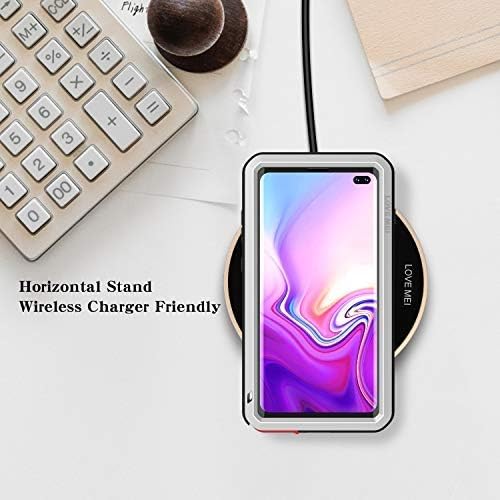 LOVE MEI Military Rugged Case for Samsung Galaxy S10 Plus, with Tempered Glass Screen Protector, Shockproof Dustproof Scratch Proof Hybrid Metal and Silicone Gel Heavy Duty Full Body Cover Silver