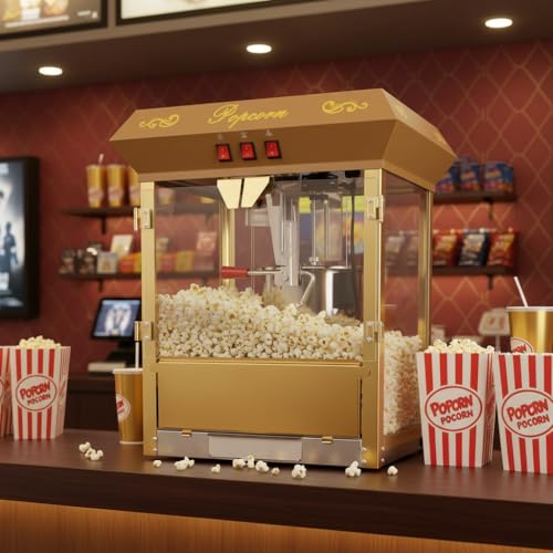 Image of Large Popcorn Machine with Cart: 16 Oz Vintage Commercial Popcorn Maker Movie Theater Style Makes Up to 64 Cups for Home Party Office, Red