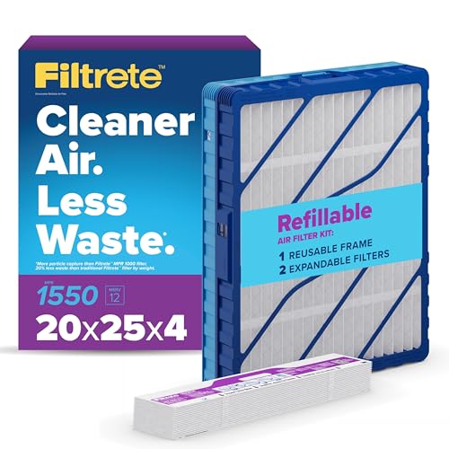 Image of Filtrete 20x25x4 Refillable Air Filter Starter Kit, MPR 1550, MERV 12, 1 Reusable Air Filter Frame & 2 Air Filters, Fits Honeywell & Lennox, Allergen Bacteria & Virus, Actual size 19.88 x 24.62 x 4.25