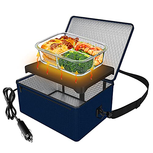 Portable Oven, 12V Car Food Warmer Portable Personal Mini Oven Electric Heated Lunch Box for Meals Reheating & Raw Food Cooking for Road Trip/Camping/Picnic/Family Gathering(Navy Blue)
