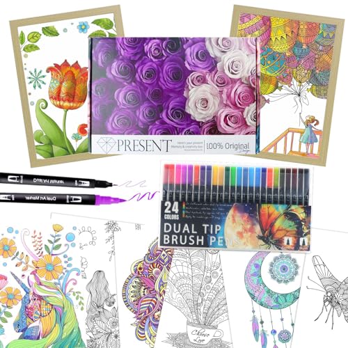 Image of Adult Coloring Book with 24 Dual Tip Colors Markers, 12 Pcs Premium Coloring Pages & 2 Pcs Wooden Photo Frames & 24 Colors Markers, Mindfulness Art-Painting-Kits Gifts for Women - Flowers