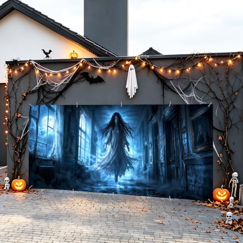 Image of Halloween Garage Door Decorations 7 x 16 ft, Ghost Corridor Cover