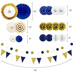 Blue and Gold Party Decorations - 23Pcs Navy Blue White Gold Baby Shower Birthday Decor for Men Boy Kids with Hanging Paper Fans, Pom Poms Flowers, Garland String Polka Dot Packs - Image 3