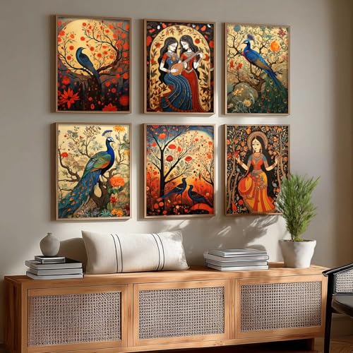 Image of kotart Premium Digital Madhubani Art Paintings with Frame for Home Decor - Framed Painting for Living Room Bedroom Office Room Decor - Painting for Wall Decoration - Pack of 6 (10X13 inch)