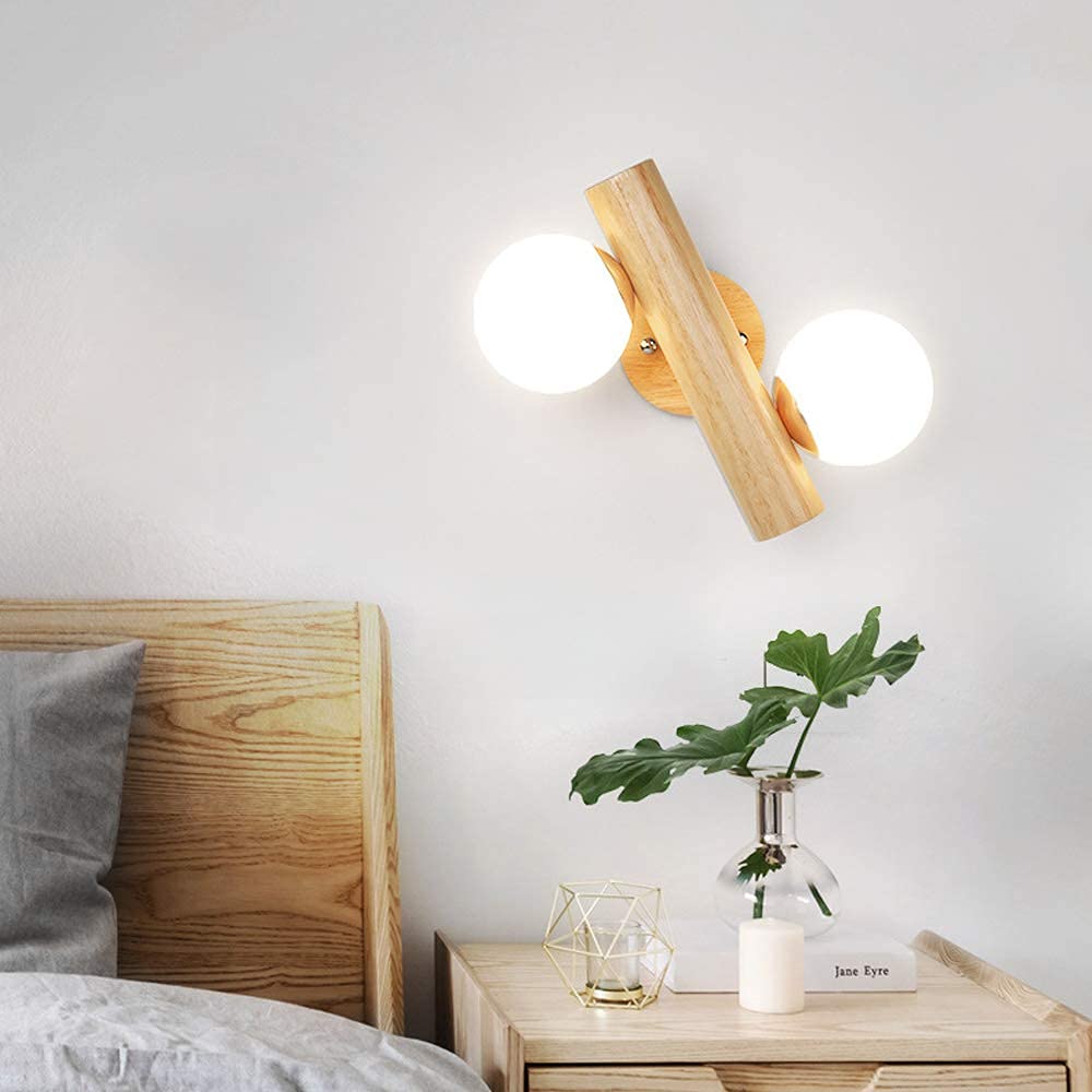 Lampade da parete in legno E27 Lampada da parete per interni moderna semplice 360 gradi rotazione fai-da-te regolabile con lampada da comodino con paralume in vetro globo per camera da letto