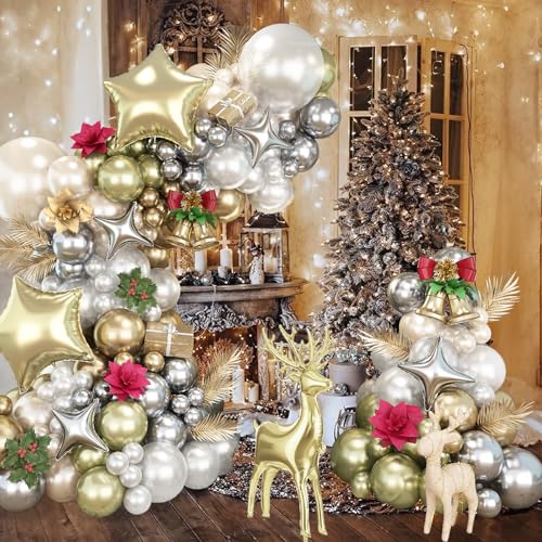 117Pcs White Gold Christmas Balloon Arch Kit, Pearl Sand White Silver Champagne Gold Balloons with Foil Star & Reindeer Balloons Garland for Holiday New Year Party Winter Wonderland Xmas Decorations by Govpy - Image 6