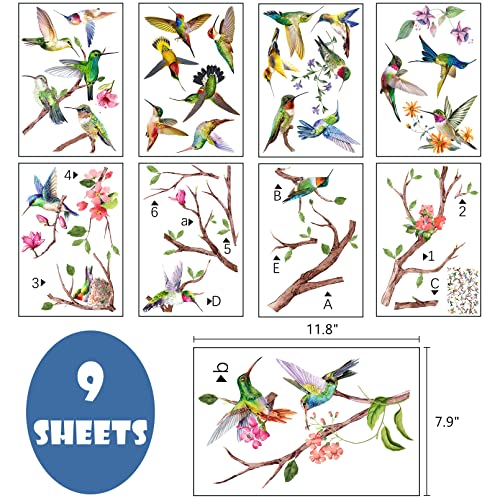 Yovkky Spring Summer Hummingbirds Tree Branches Window Clings 9 Sheets, Prevent Bird Strikes Flowers Stickers Decal Decor, Anti-Collision Home Kitchen Office Fridge Decorations Diy Supply Double Sided #TOP1