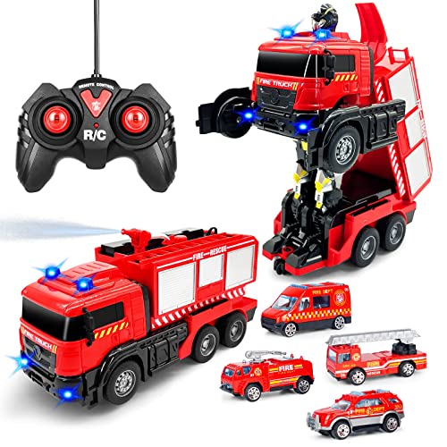 Grarain Remote Control Fire Truck with LED Sounds, RC Car Toy with 3pcs Small Firetrucks and 10pcs...