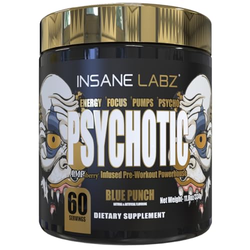 Image of Insane Labz Psychotic Gold, High Stimulant Pre Workout Powder, Extreme Lasting Energy Focus, Pumps and Endurance with Beta Alanine, DMAE Bitartrate, NO Booster (60 Servings, Blue Punch)