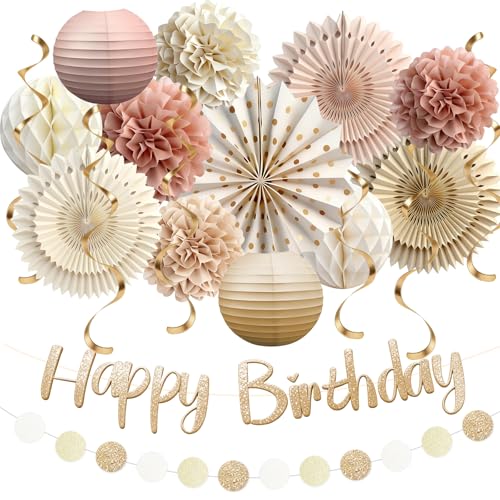 Wiederverwendbare Geburtstagsdeko Beige Rosa Boho Geburtstag Party Deko Pastellfarbene Happy Birthday Girlande Wimpelkette Wabenbälle Pompons Deko Geburtstags Party deko