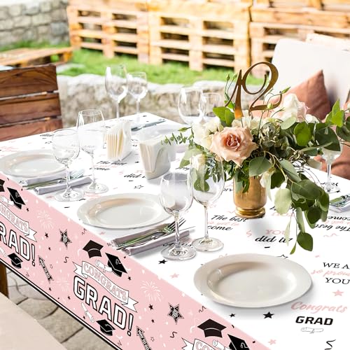 Image of Oigco Graduation Party Decorations, Congrats Grad Graduation Tablecloth for 2026 Graduation Party Supplies, 3 Pack Pink Disposable Plastic Table Cloths, 54 inchx108 inch