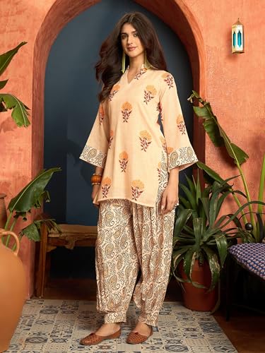 Image of EthnicJunction Women's Linen Floral Print Summer Wear Straight Short Kurti With Afghani Pant Set | Co Ord Set for Women Stylish | Fusion wear Women
