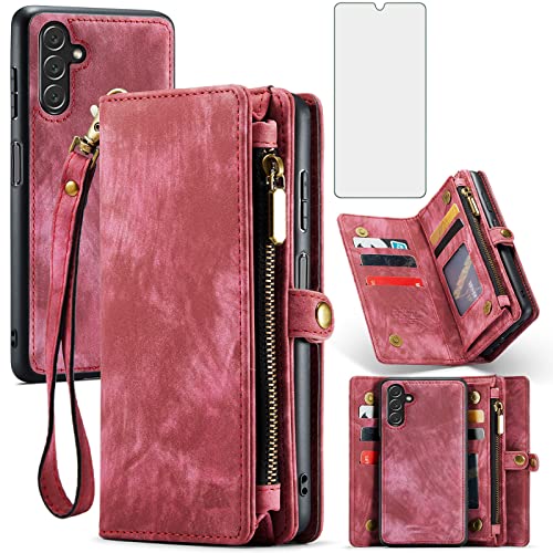 Asuwish Phone Case For Samsung Galaxy A13 5G Zipper Wallet Detachable Cover With Tempered Glass Screen Protector And Flip Card Holder Cell Accessories Gaxaly A 13 G5 2022 13A A135G Sm A136U Men Red #TOP8
