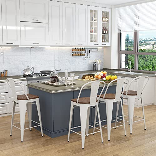 Yongqiang 24" White Metal Bar Stools Set Of 4 High Back Counter Height Stools Kitchen Bar Chairs Modern Barstools With Wood Seat (Cream White) #TOP2