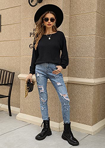 Image of Farktop Womens Oversized Waffle Casual Sweatshirts Long Puff Sleeve Drop Shoulder Lightweight Sweaters Black