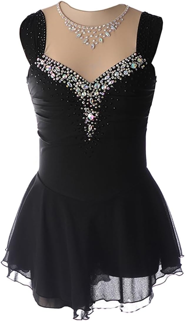 Women Figure Skating Dress Sleeveless Sequin Flower Mesh Ice Skating Dress for Competition Costume(Black,XXX-Large)