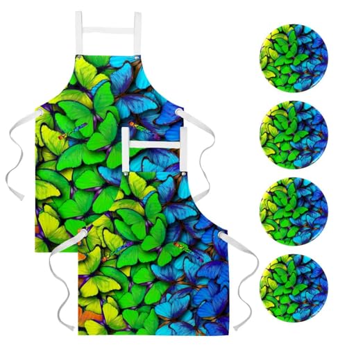 Lot de 2 tabliers de cuisine avec motif papillon arc-en-ciel et 4 broches