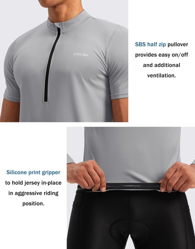 Bikewa Men's Cycling Jersey Moisture Wicking Short Sleeve UPF Half Zip Bike Road Riding Biking Shirts for Men Zipper Pockets