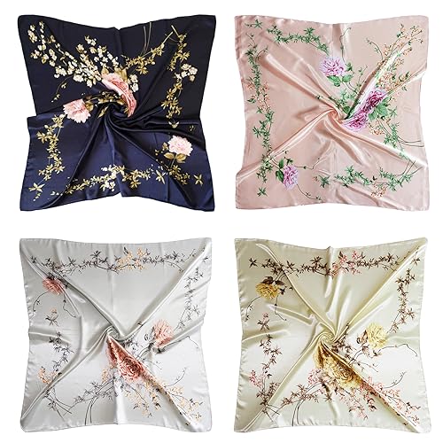 vabovin 35'' Silk Like Scarf - 4 PCS Satin Square Head Scarves for Women Large Bandanas Headscarf Hair Wrap for Sleeping