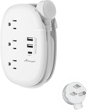 Alitayee USB C Travel Power Strip,Portable Power Strip with 3 Outlets 3 USB Ports Fast Charge, USB Extension Cord with Flat Plug and 4ft Wrapped Around Extension Cord for Cruise Travel Home Office