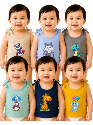 Image of Kidbee Baby Cotton Hosiery Tie-Up Jabla Pack of 6 | Soft Sleeveless Tank Tops & Baby Vests for Newborn Infants, Boys & Girls