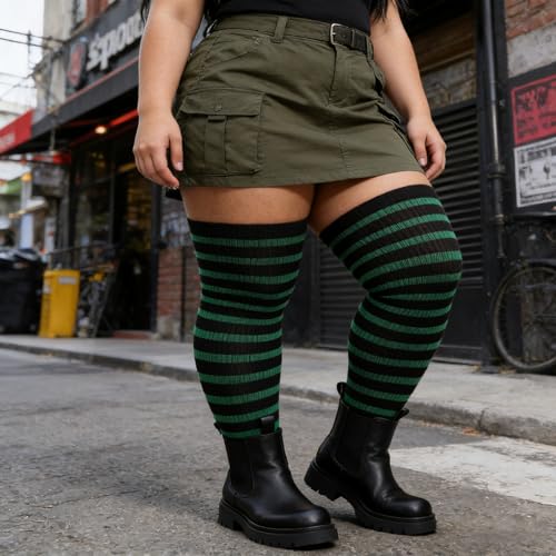 Image of DRESHOW Plus Size Thigh High Socks Striped Over Knee Long Boot Stockings Knee High Tube Socks Leg Warmers for Women