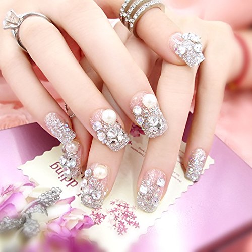 Jovono Long False Nails Patch 24 Pcs French Manicure Patch Bride Fake Nails with Rhinestone（No glue）