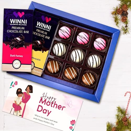 Image of WINNI - Luxury 2 Bar Pack + 9 Pcs Truffle Chocolate With Gift Card Pack | Imported Belgian Dark Chocolates | Celebration Chocolates Gift Box For Birthday, Anniversary, Mother's Day, Valentine's Day, Boyfriend, Girls, Boys, Couple, Partner, Students, Girlfriend, Kids | Chocolate Bouquet Hamper | Return Gift