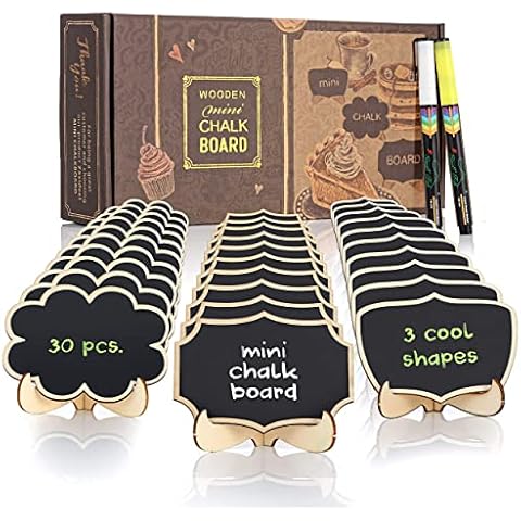Mini Chalkboard Signs with Stand 30 Pack and 15 Replacement Stickers for Food Labels, Table Numbers, and Place Cards Display, Small Blackboards for Weddings, Buffet, and Parties with 2 Chalk Markers Cover