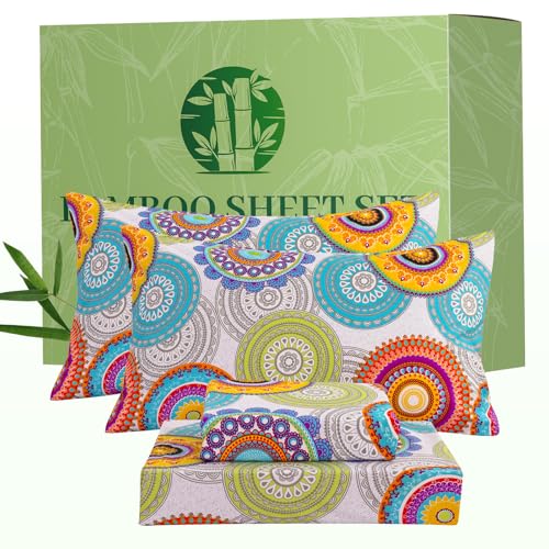 Image of Bedlifes Extra Deep Pocket 18-24 inch King 4-Piece Sheet Set - Cooling Sheets Blend Rayon Derived from Bamboo Soft & Breathable,Featuring Mandala Patterned