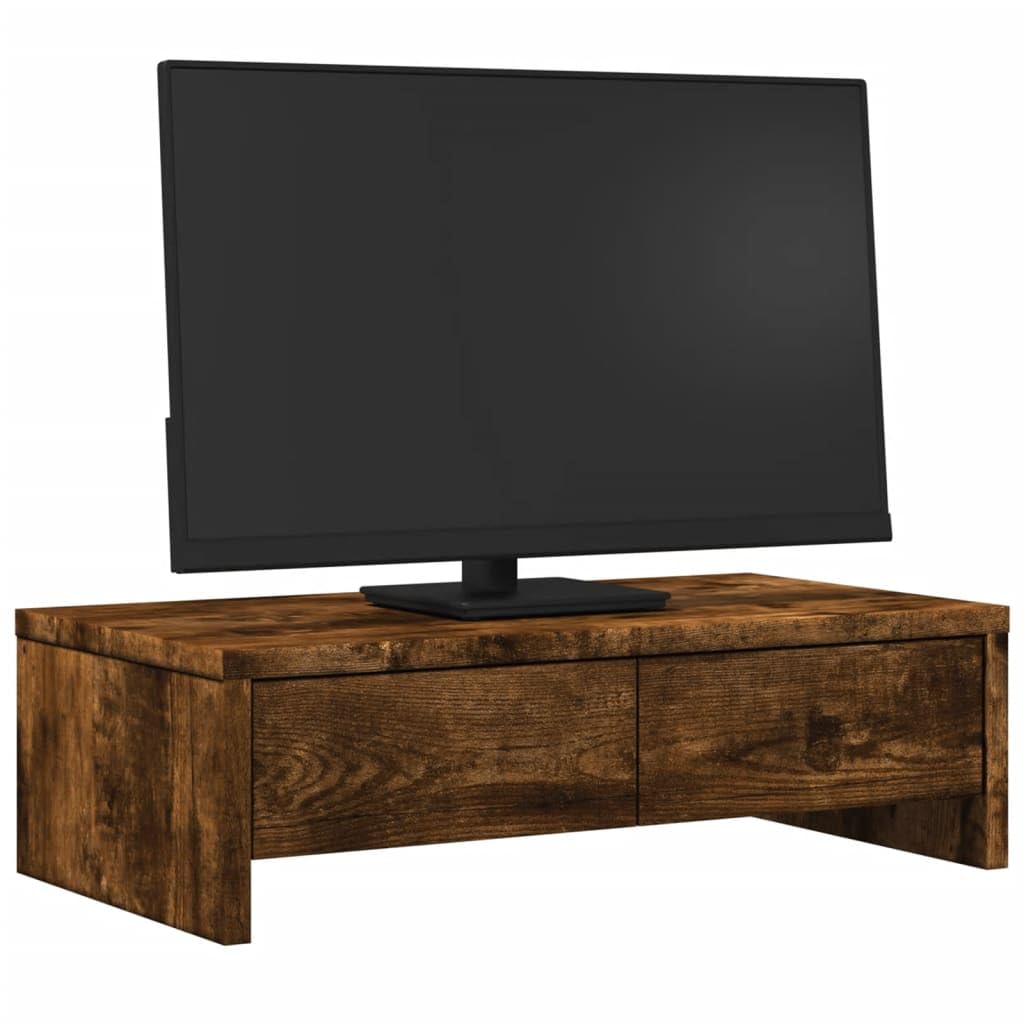 Supporto per monitor con cassetti in rovere affumicato, 50 x 27 x 15 cm, regolabile in altezza, ergonomico, per casa, ufficio, gaming, laptop, PC, notebook, scrivania da terra, porta cavi