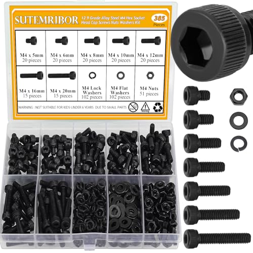 385 Pieces M4 Screws Nuts Washers Set Black, Sutemribor M4 x 5/6/8/10/12/16/20mm Hex Socket Head Cap Screws Nuts Washers Assortment Kit, 12.9 Grade Alloy Steel, Fully Threaded